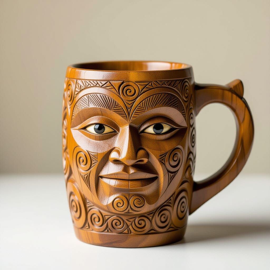 Intricate Maori Face Carving on Wooden Mug