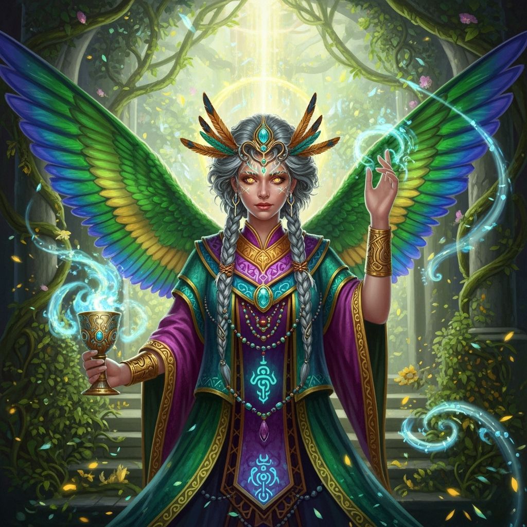 Luminous Priestess with Hummingbird Wings, Digital Art