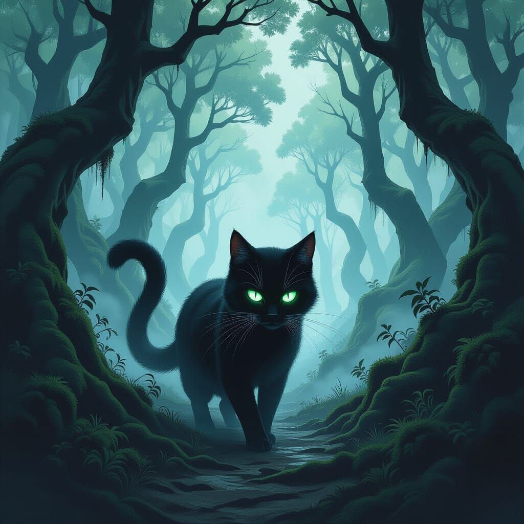 Ethereal Ink Wash Cat in Surreal Forest