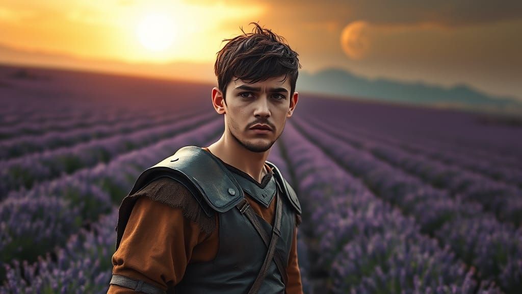 Ethereal Ranger in Lavender Field, Cinematic Sunset
