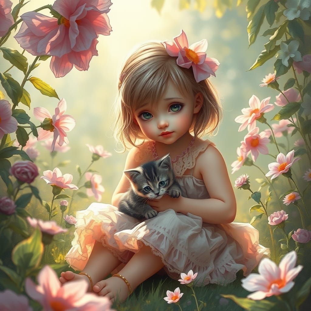 Girl and Kitten in Garden, Magical Pastel Art