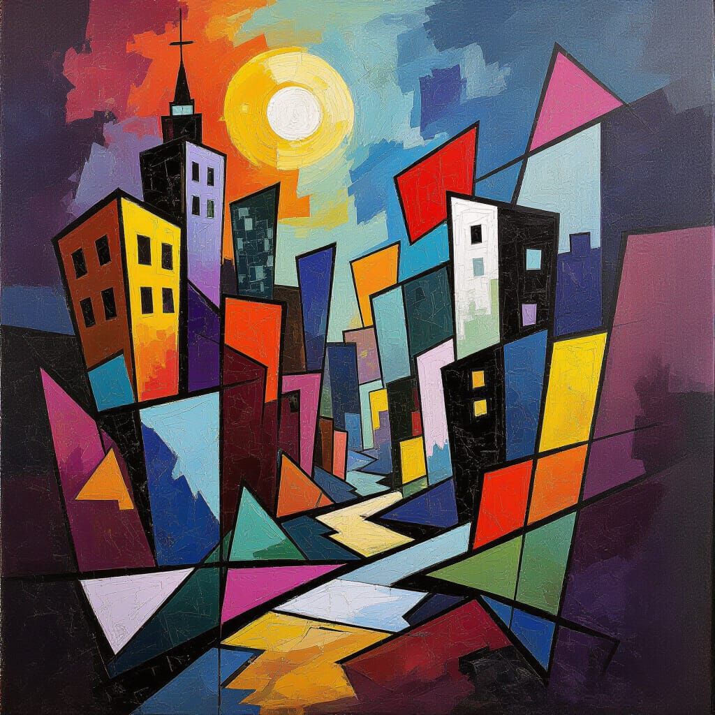 Abstract Cityscape of Shattered Shapes and Clashing Colors