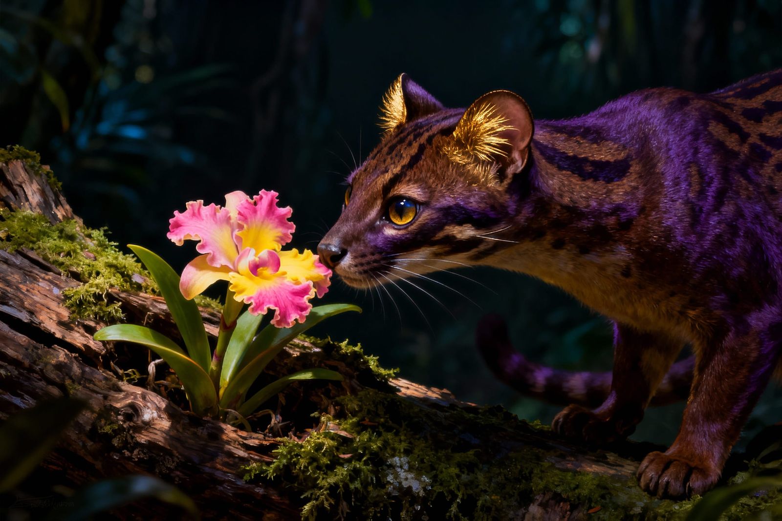 Detailed Jaguarundi Cat Sniffing Orchid in Jungle