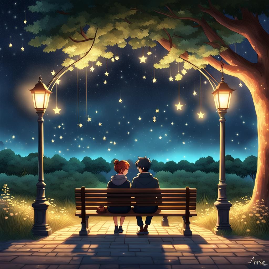 Romantic Starry Night Anime Couple on Park Bench