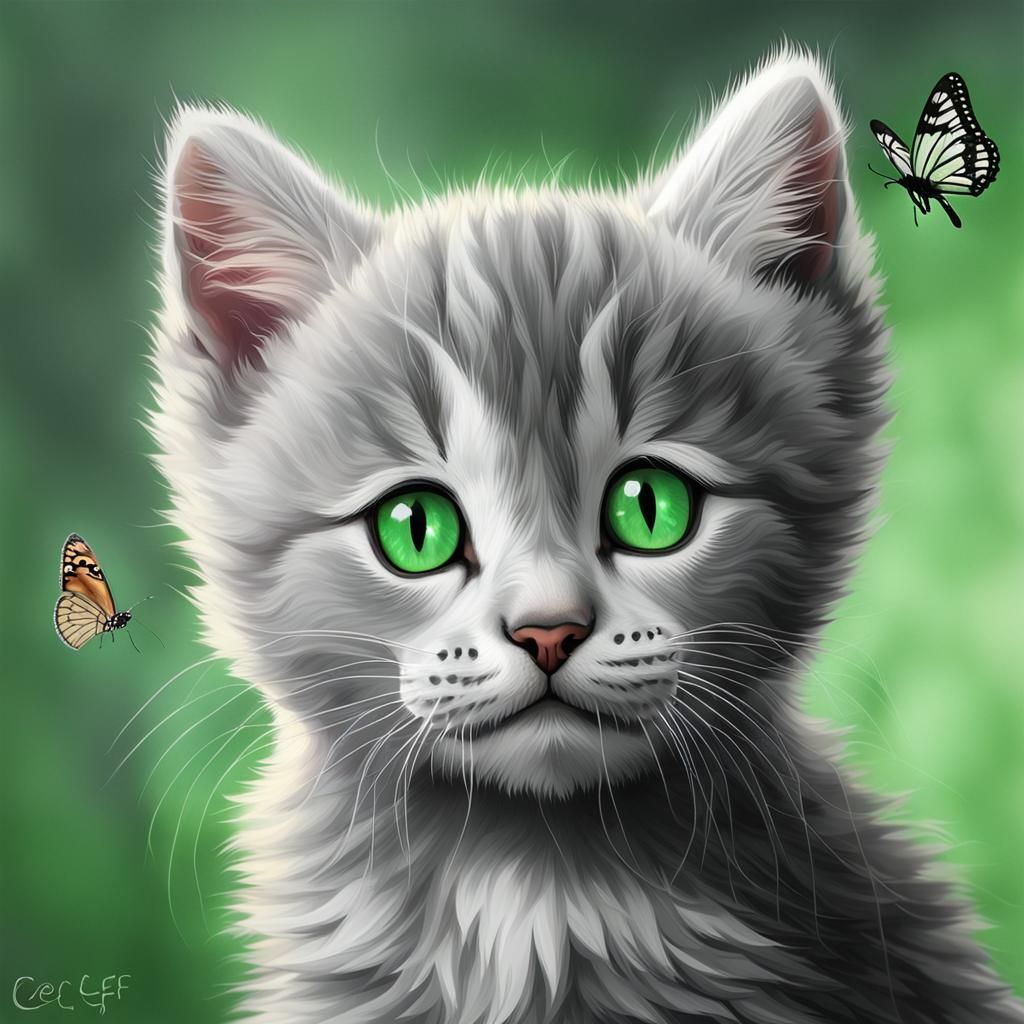 Cute Grey Kitten with Butterfly