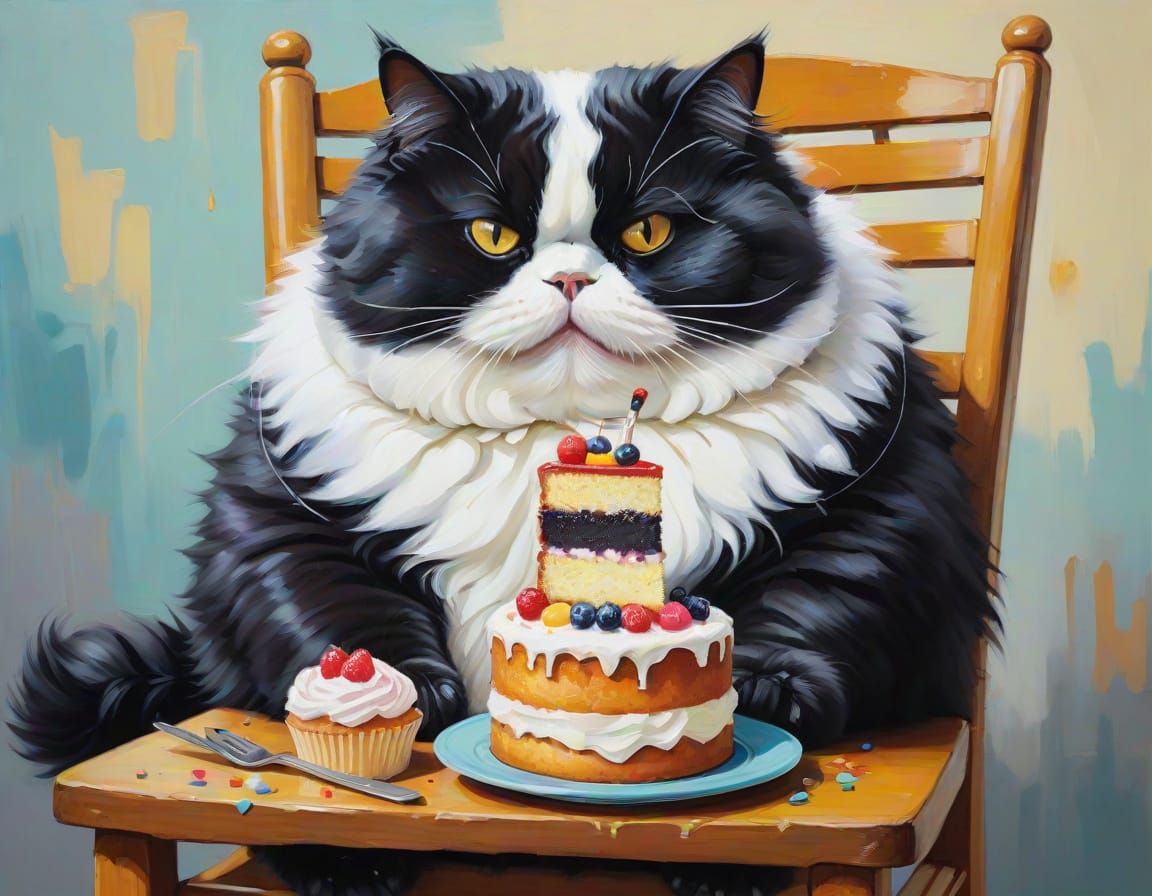Fat Black and White Cat Eating Cake in Oil Painting Style