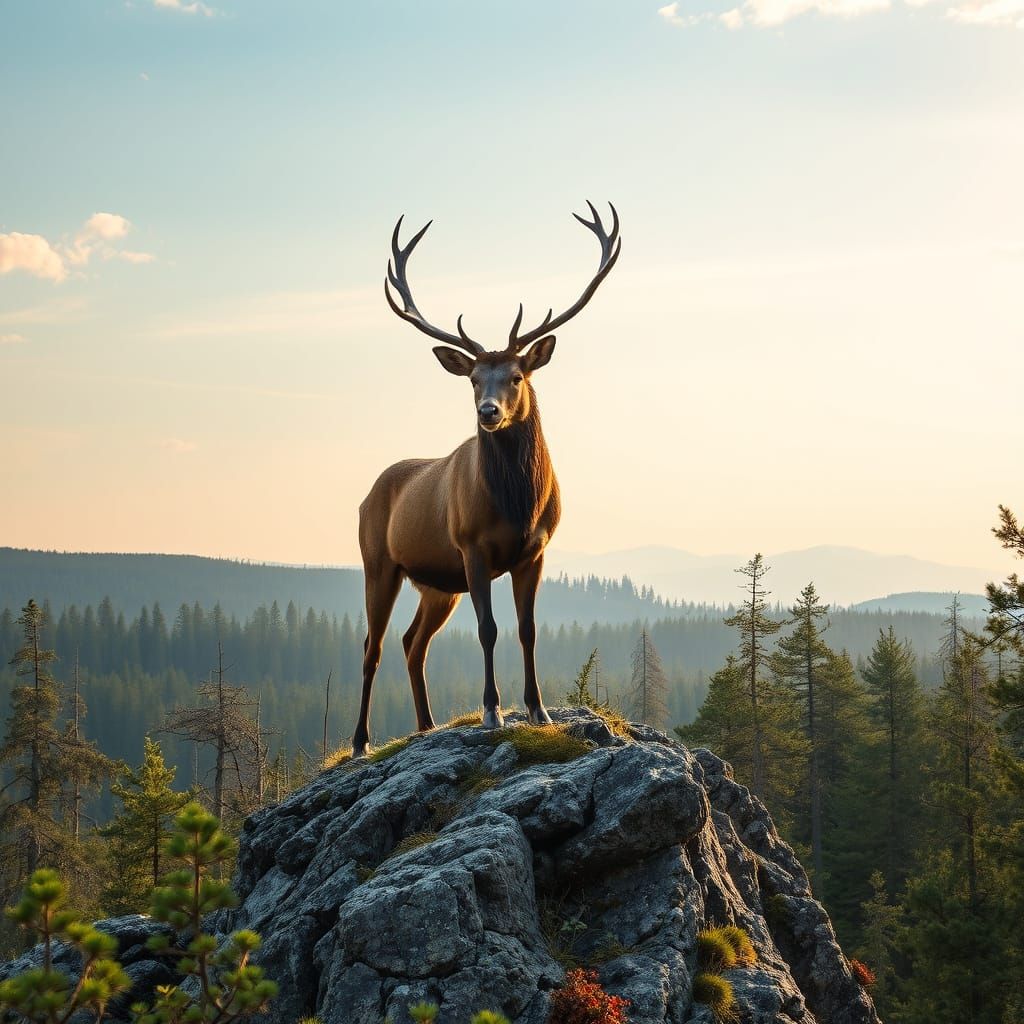 Majestic Stag Overlooks Forest River Landscape