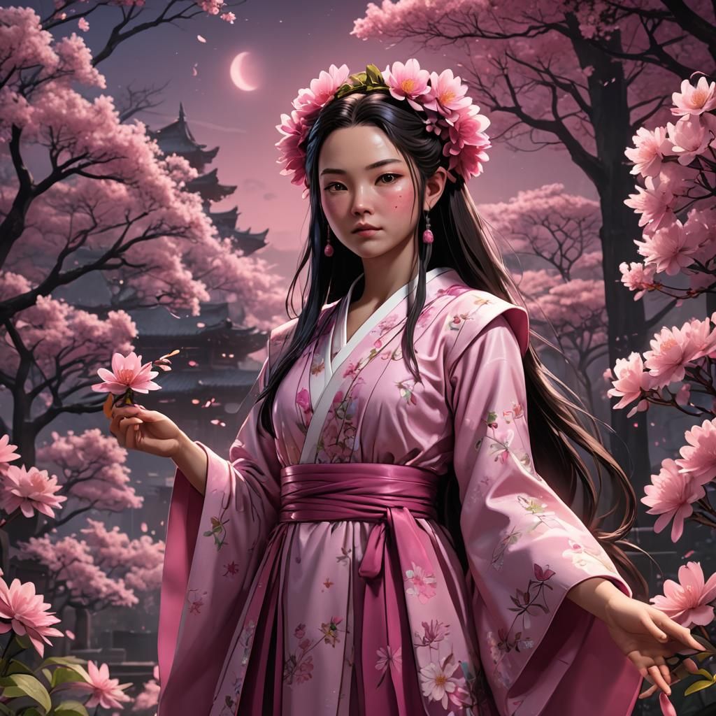 Nezuko in Pink Nightgown with Flowers: Detailed Digital Pain...