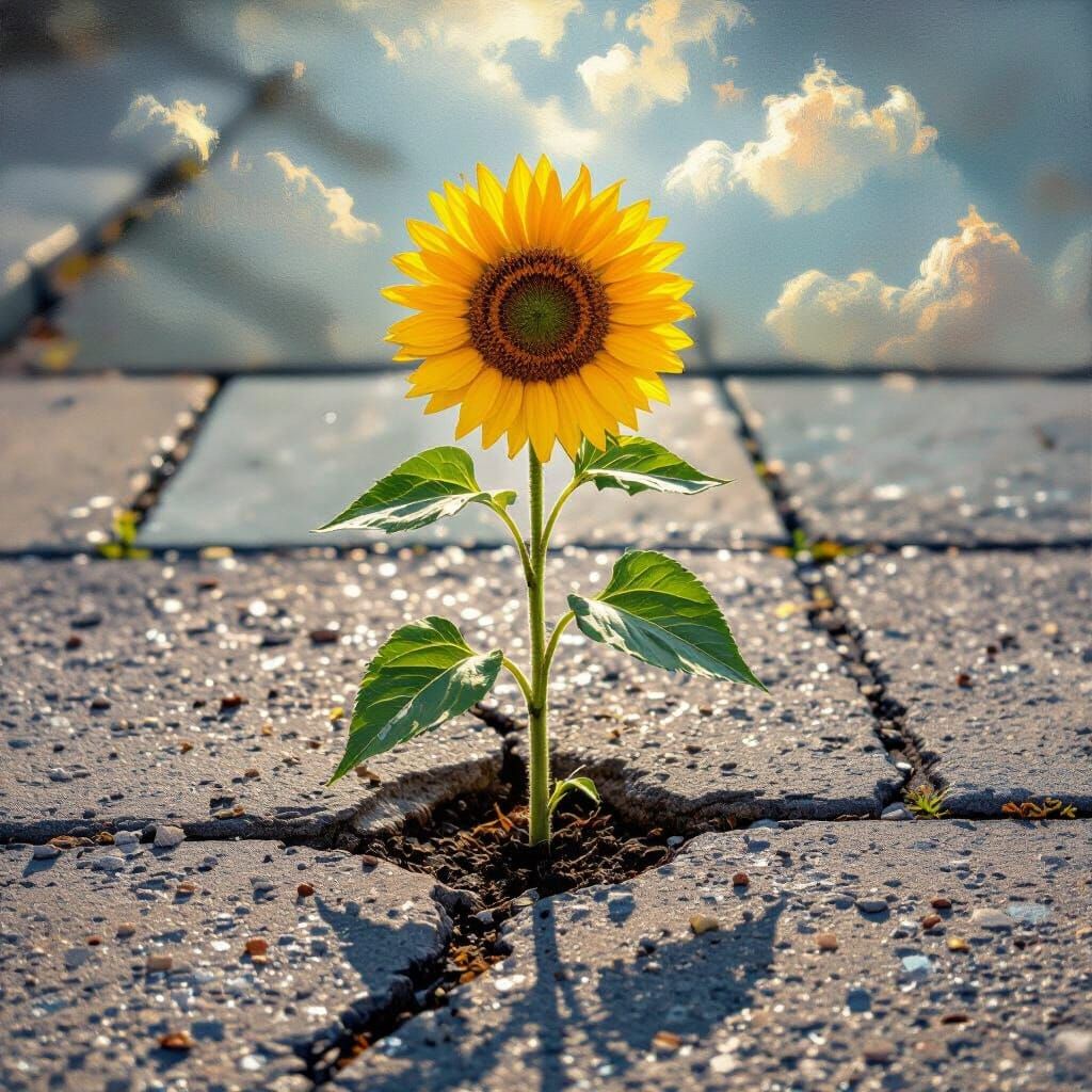 Impressionistic Sunflower Emerges from Concrete