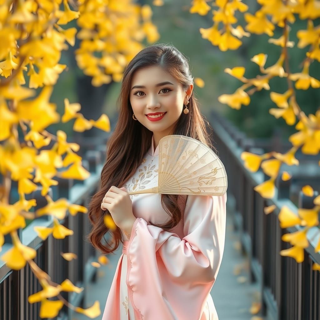 Woman in Asian Dress with Ginkgo Leaves