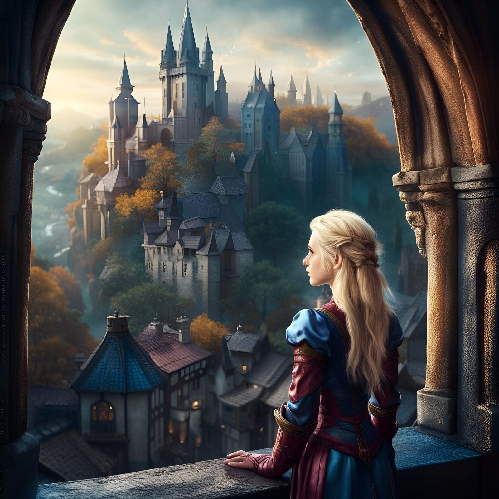 Blonde Wizard Girl Overlooking Medieval Town