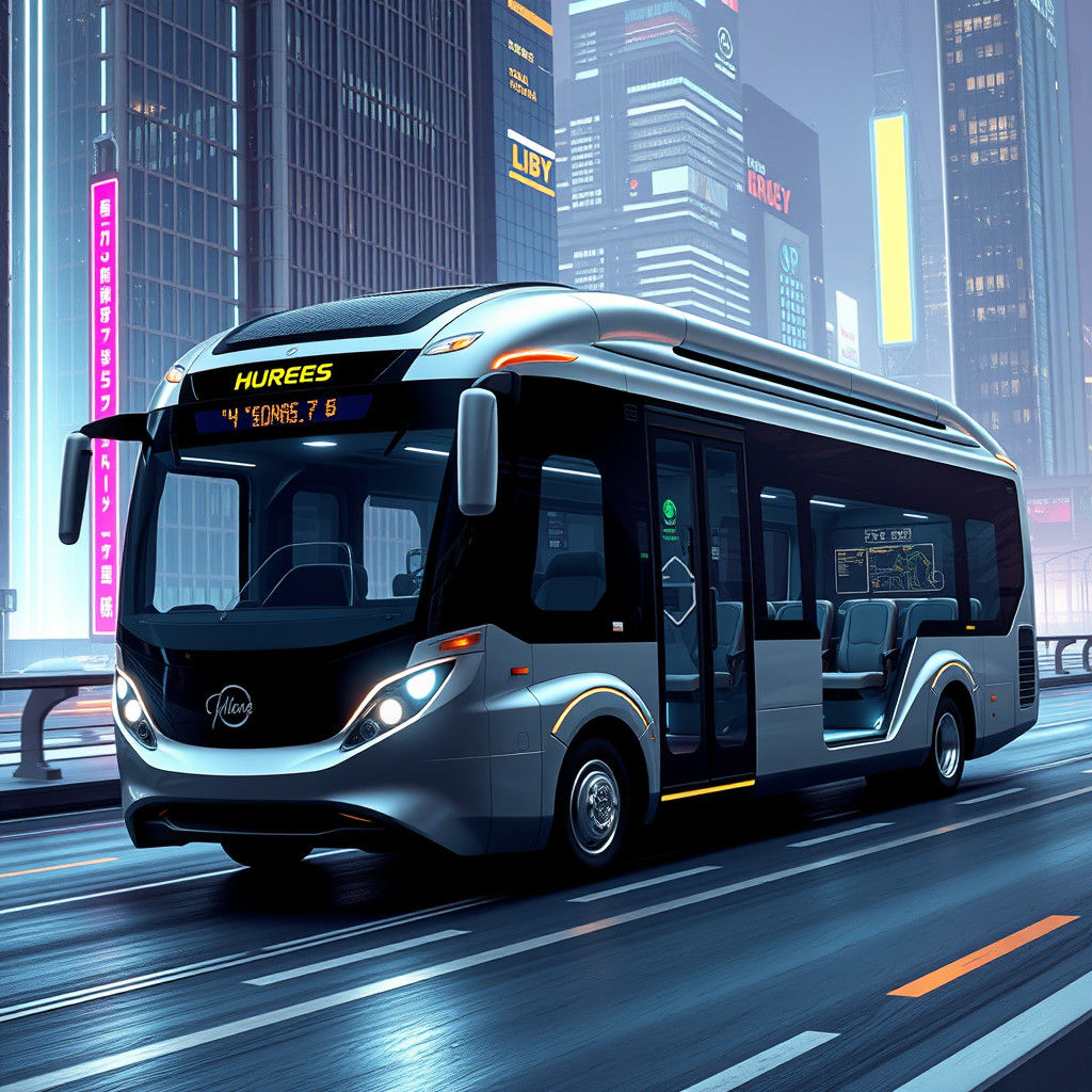 Futuristic Eco-Friendly Bus Glides Through Cityscape