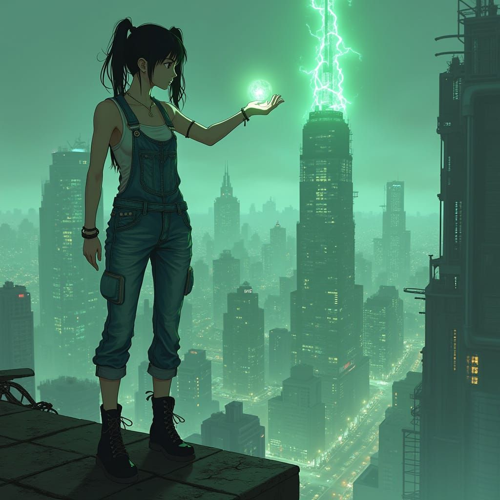Sci-Fi Anime Woman with Glowing Hand Above Megacity