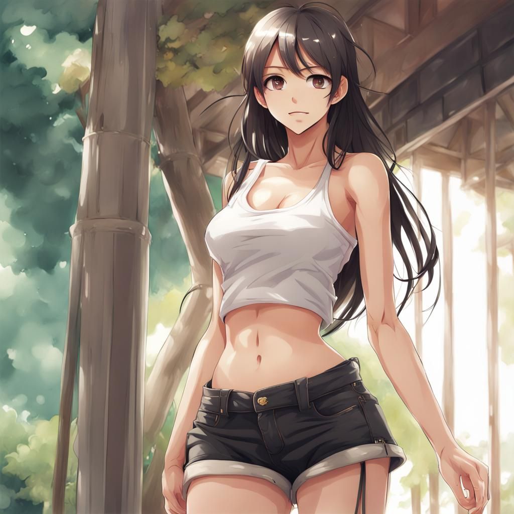 Anime Style Woman in Black Crop Top