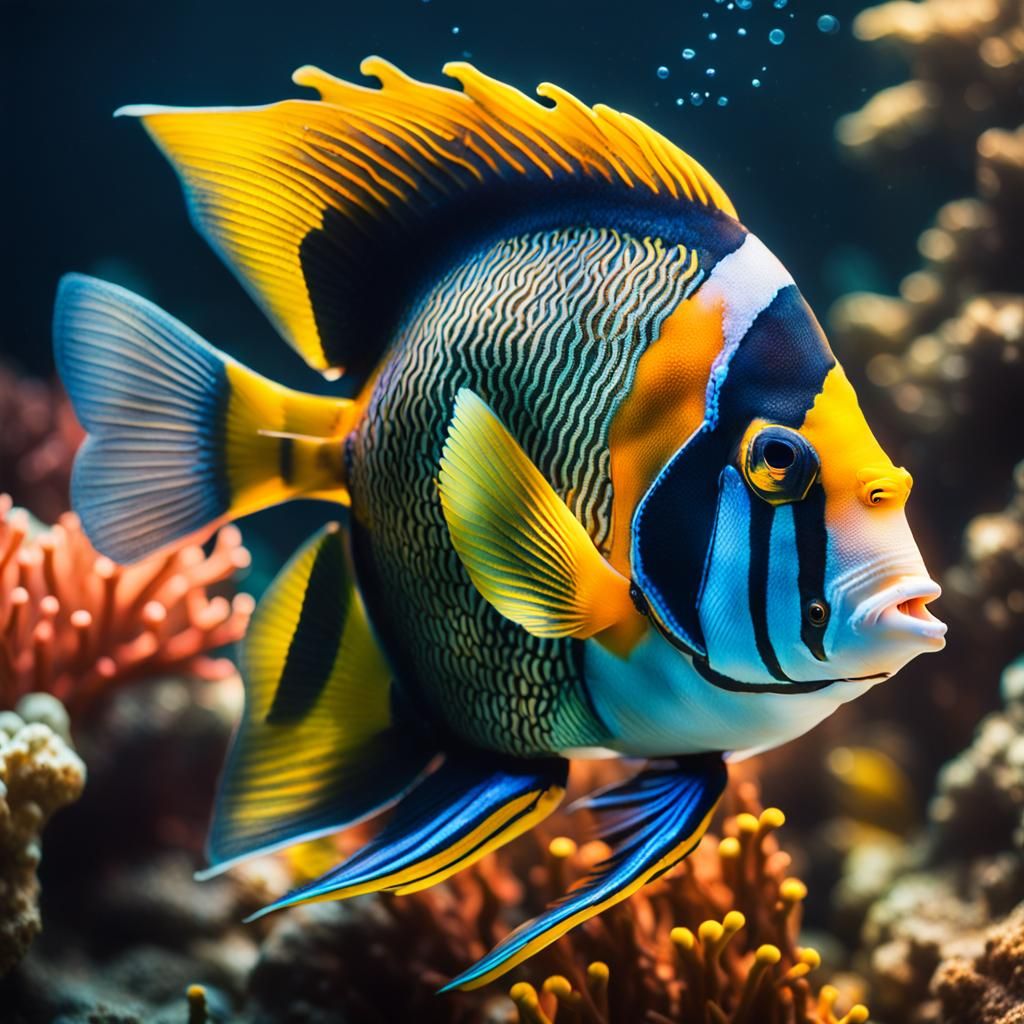 Angel fish sitting on coral reef smoking a cigar
