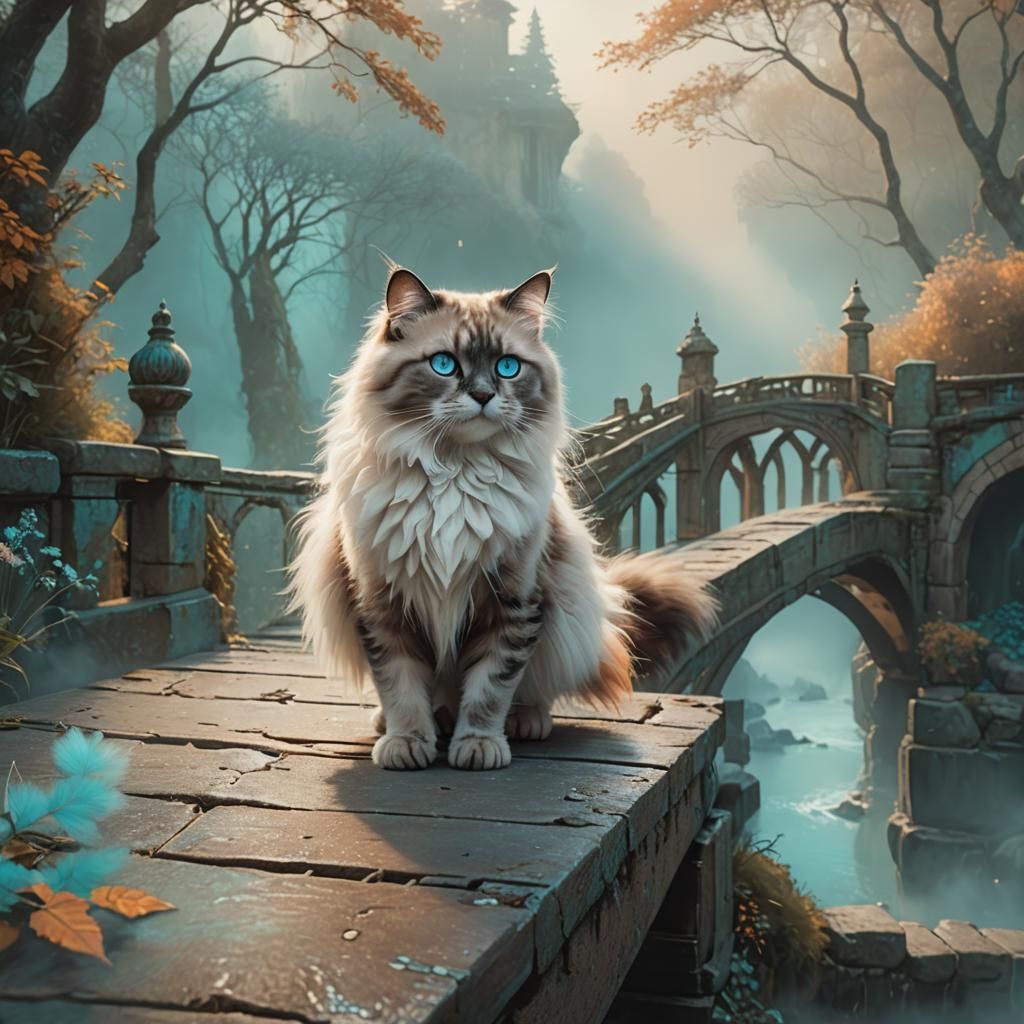 Ragdoll Cat Walks Misty Bridge: Fantasy Art