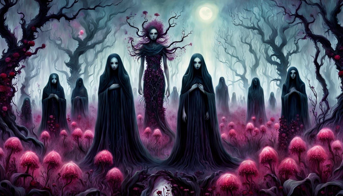 Ethereal Beings Amid Crimson Bloom, Gothic Digital Art