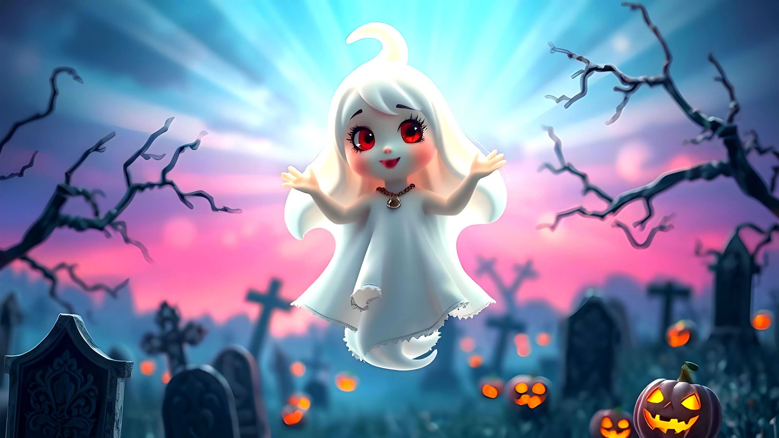 Cute Ghost Flies Over Cemetery: Pixar-Style 3D Art