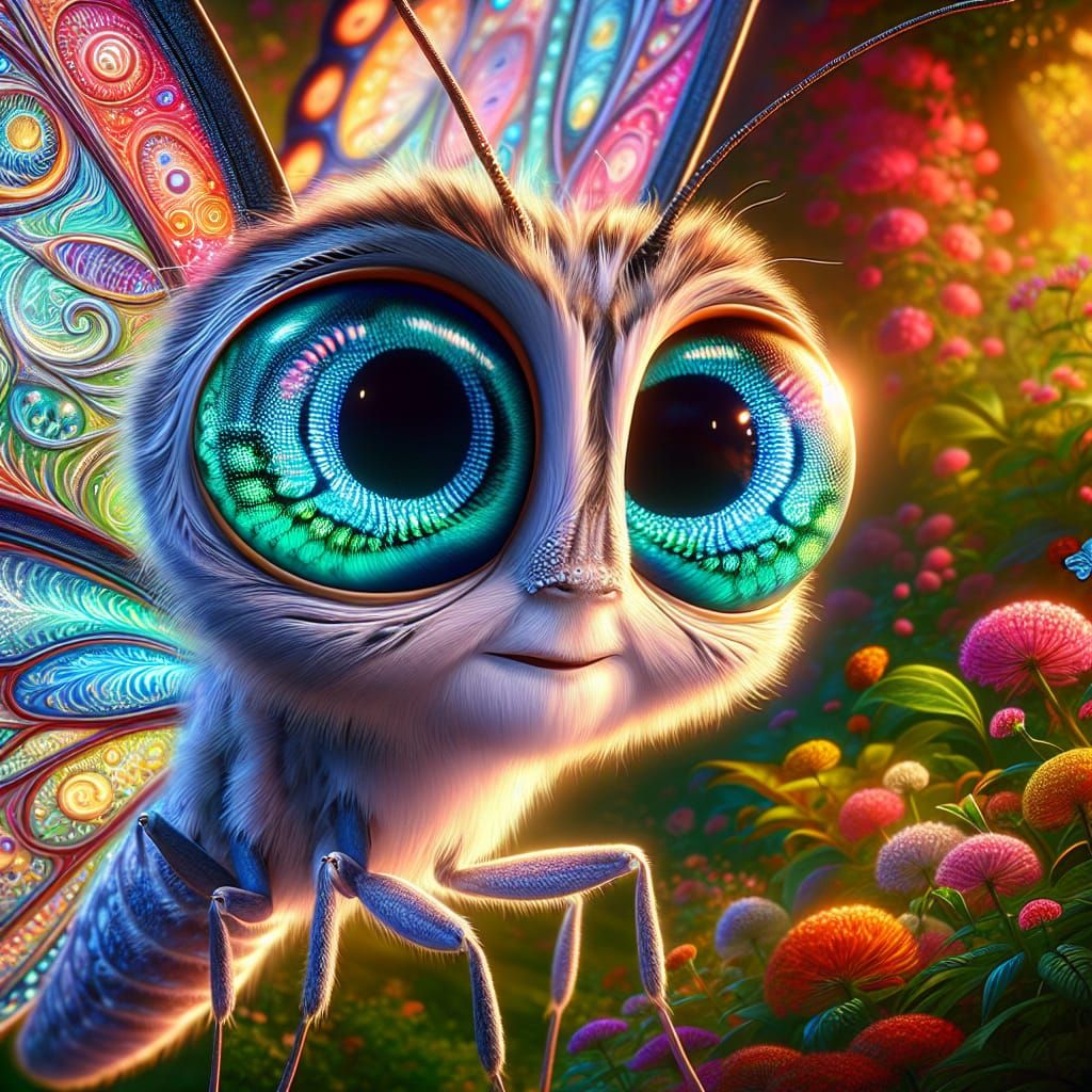 Luminescent Butterfly with Puzzled Expression in Fantasy Gar...