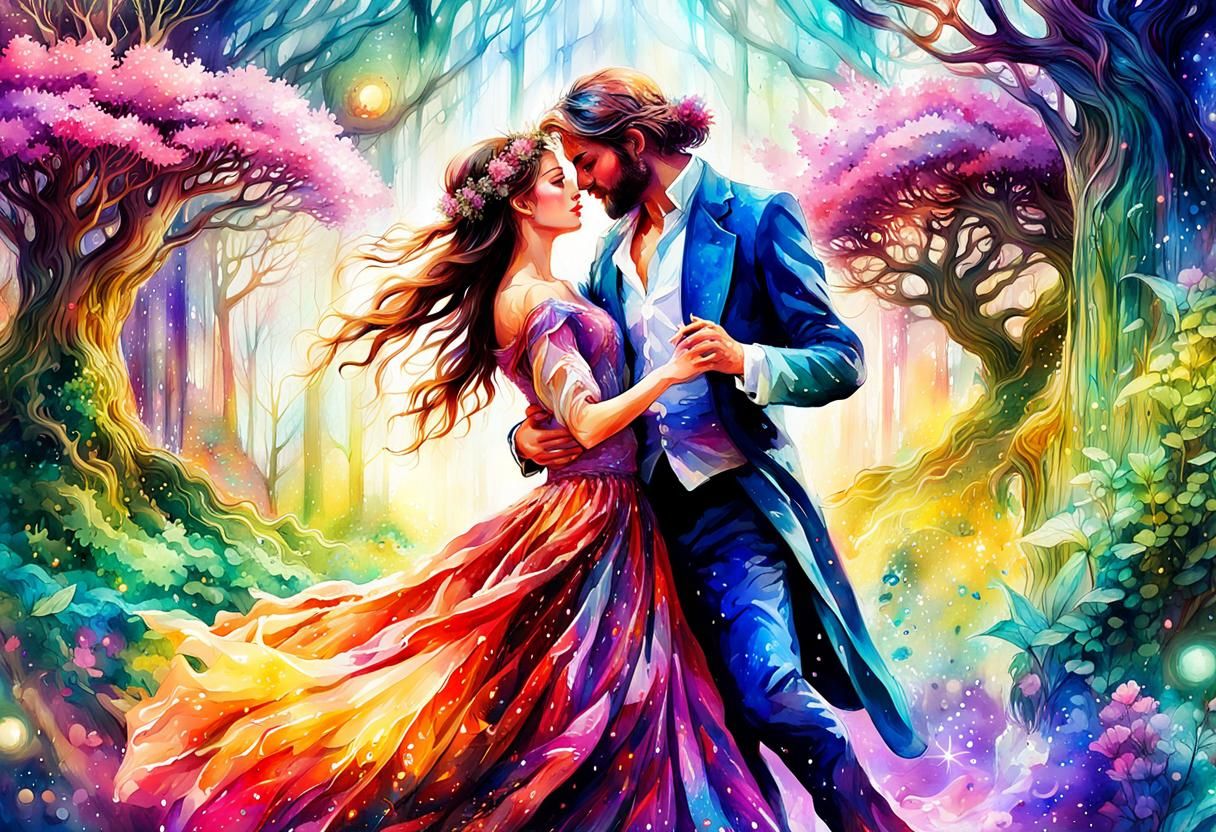 Fairytale Dance in a Vibrant Watercolor Gardenscape