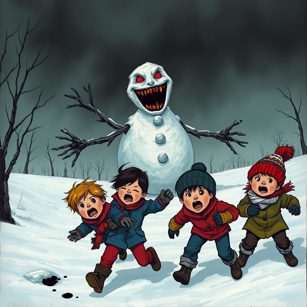 Dark Fantasy Snowman Looms Over Terrified Children in Winter...