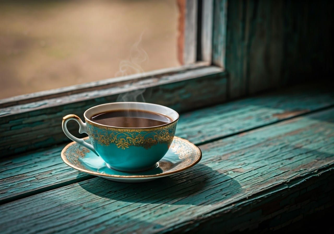 Turquoise Cup and Saucer in Soft Golden Light
