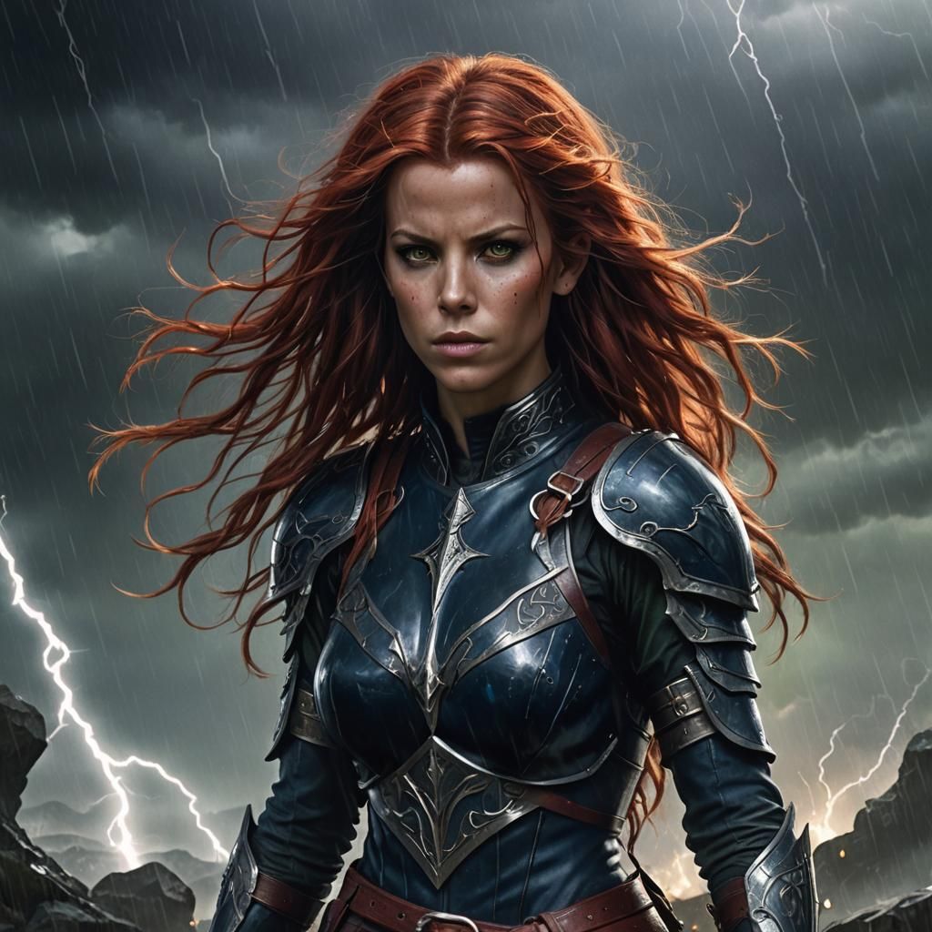 Elf Warrior in Dark Fantasy Storm, Art Nouveau Style