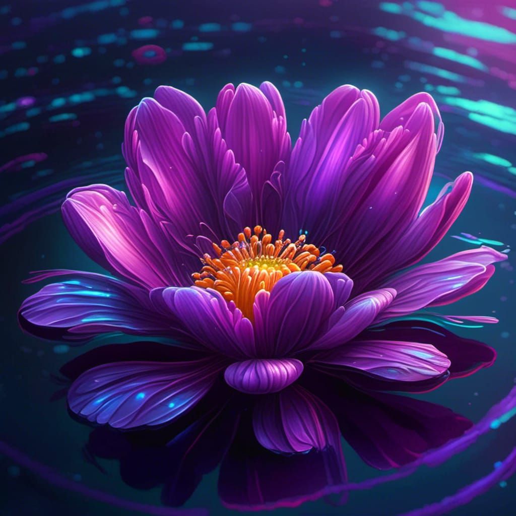 Bioluminescence hybrid purple daisy tulip <lora:Artistic 1:1.0> flower, floating by itself on the water, intricate bio d...