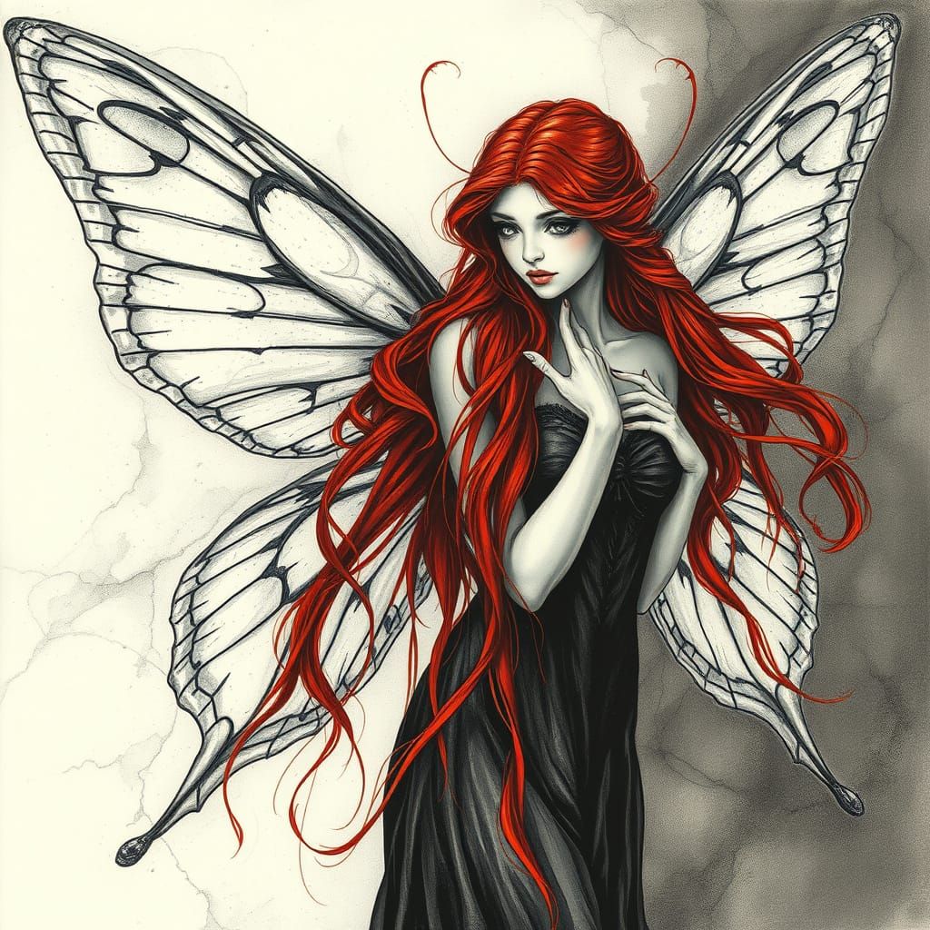 Butterfly Fairy with Red Hair in Charcoal Drawing Style