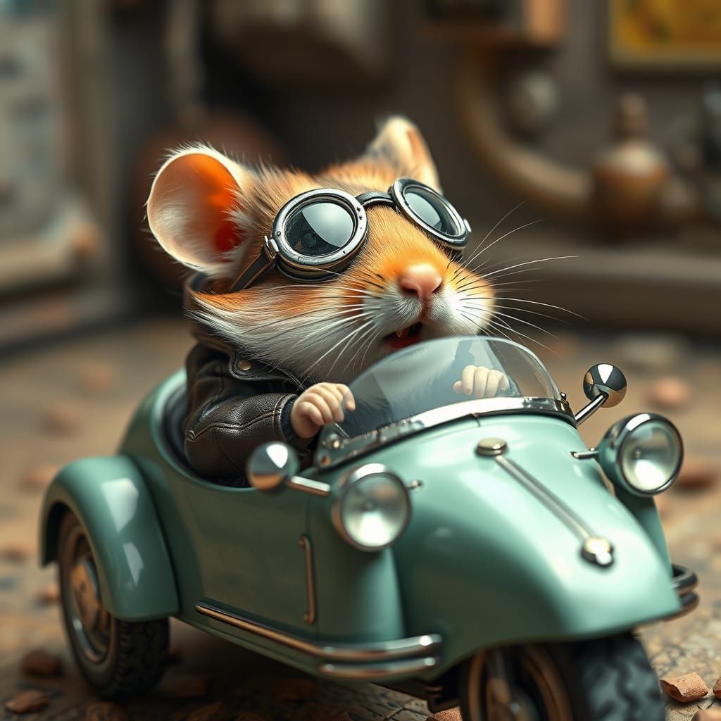 Hamster in Leather Driving a Messerschmitt, Hyperrealistic