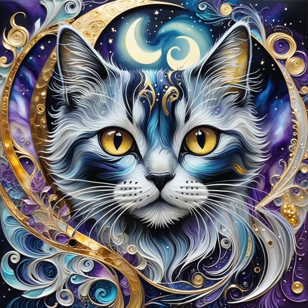 Intricate Moon Cat with Gold Highlights in Alcohol Ink