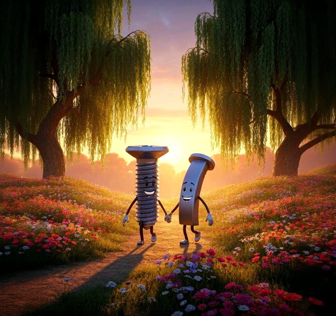 Smiling Screw and Nail in Flower Meadow at Sundown