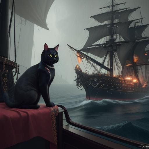 Black Cat Among Tulips at Sea: Digital Art