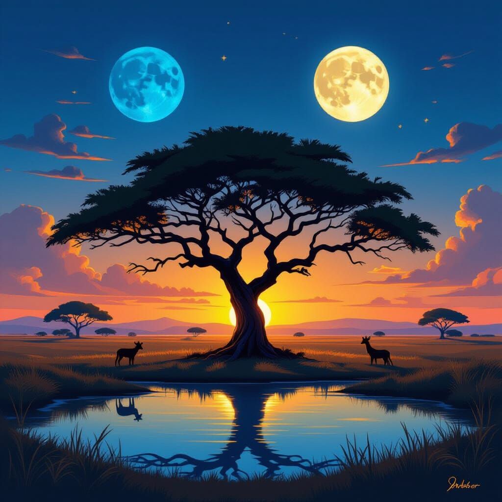 Surreal Savanna Twilight With Two Moons And Acacia Tree