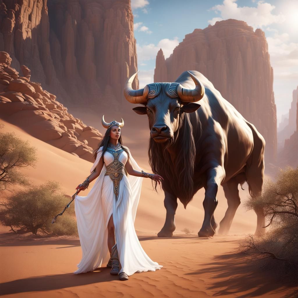 Hathor and Bull in Desert Canyon, Digital Art