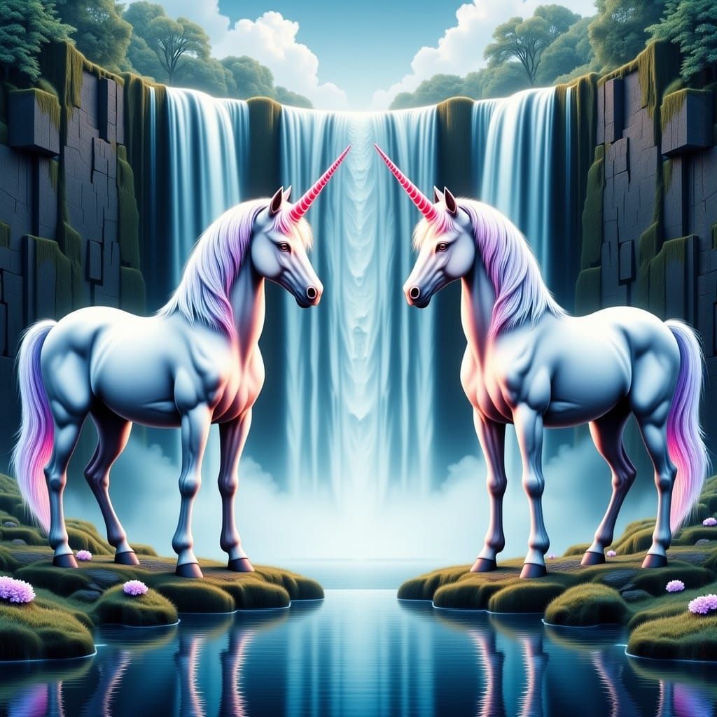 Symmetrical Unicorns Guarding a Waterfall in Ethereal Style