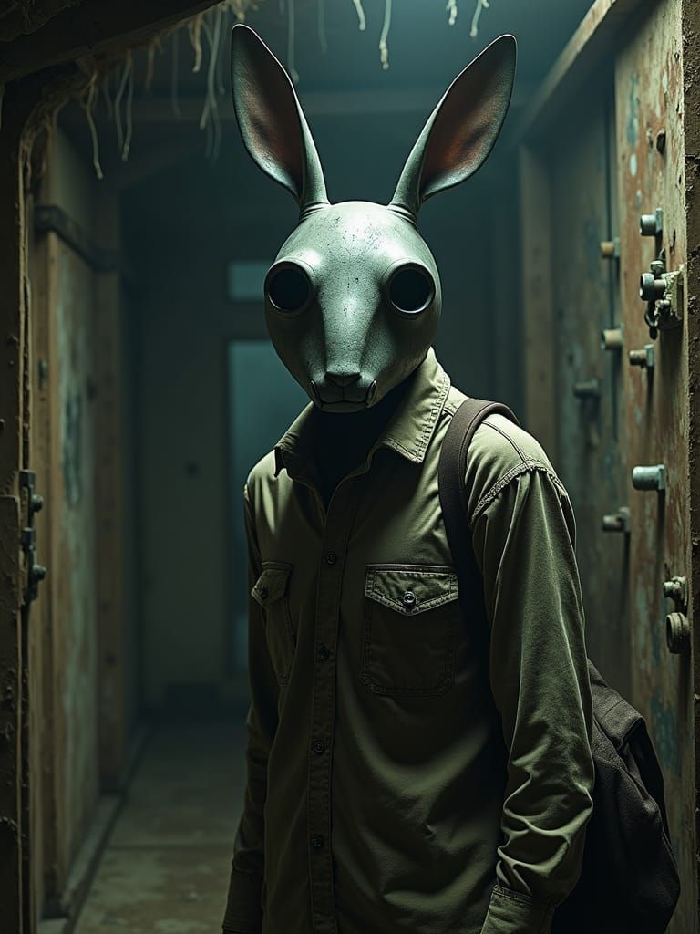 Eerie Rabbit Mask Figure in Decaying Room