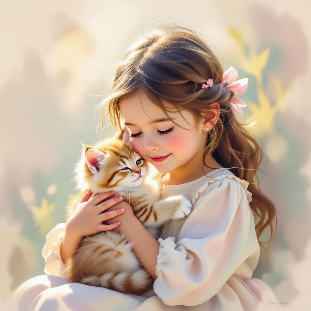 Innocent Girl's Tender Embrace with Fluffy Kitten