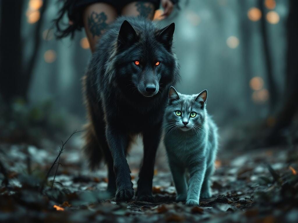 Wolf and Cat Tattoo in Haunted Forest
