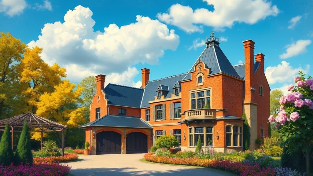 Grand Brick Chateau with Painterly Garden in Vibrant Hues