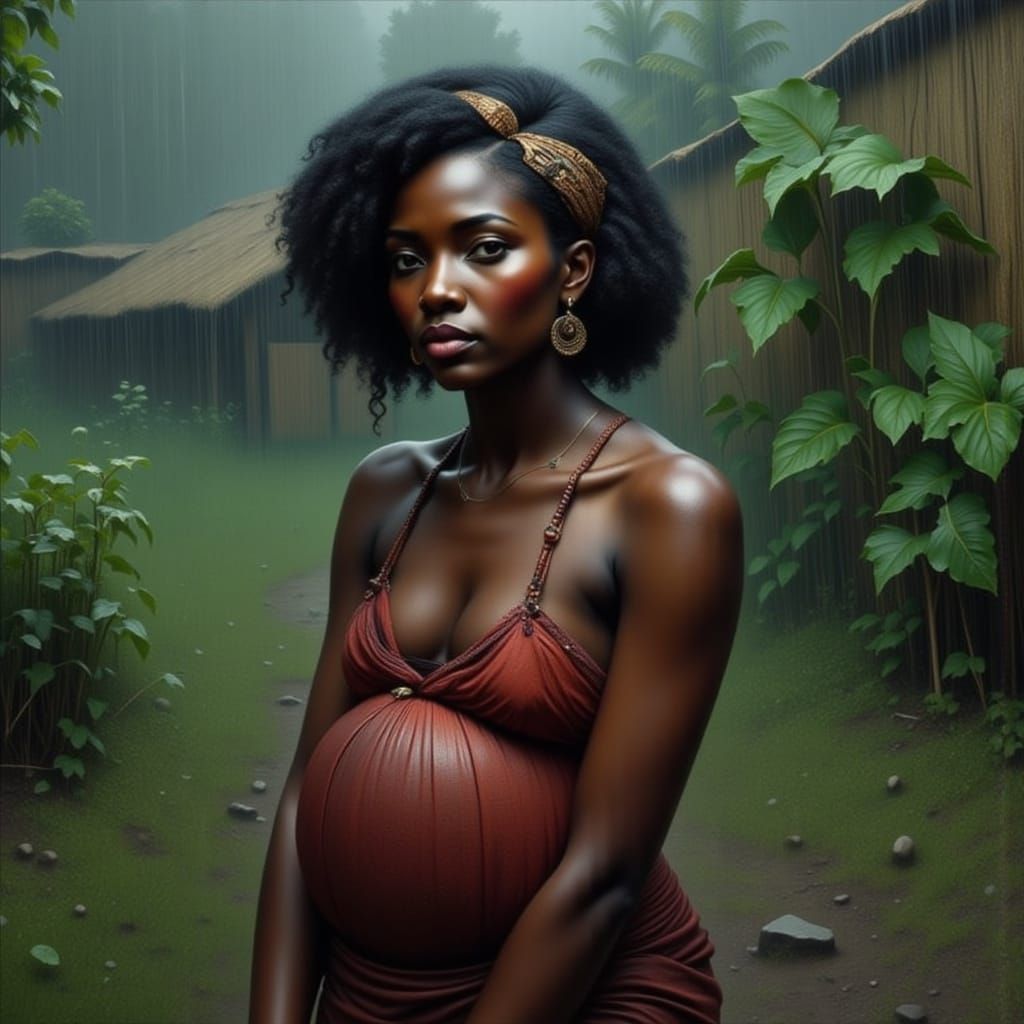 African Woman in Rainy Village, Impasto Style