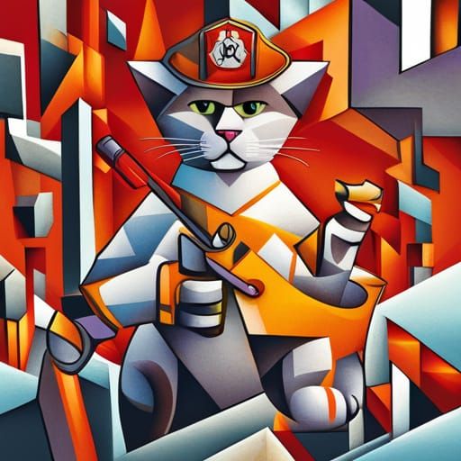 Cubist Firefighter Cat Helping Dog in Geometric Fauvism