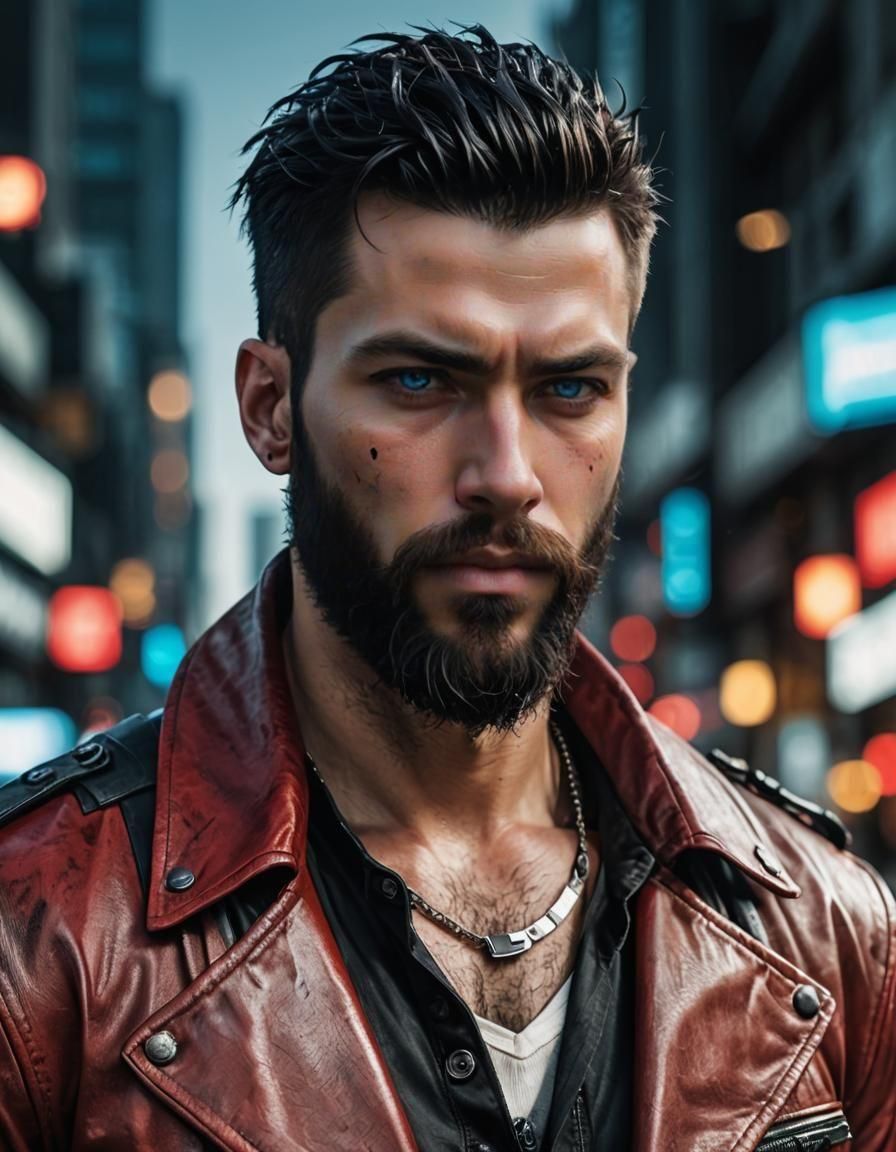 Handsome Cyberpunk Nomad with Black Hair and Blue Eyes