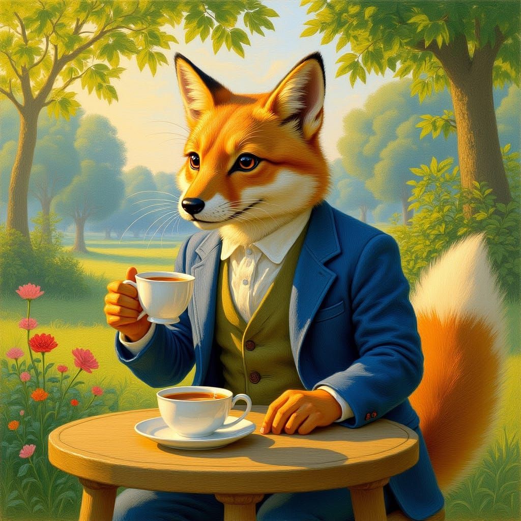 Whimsical Fox in Garden Teacup Scene, Impressionist Style