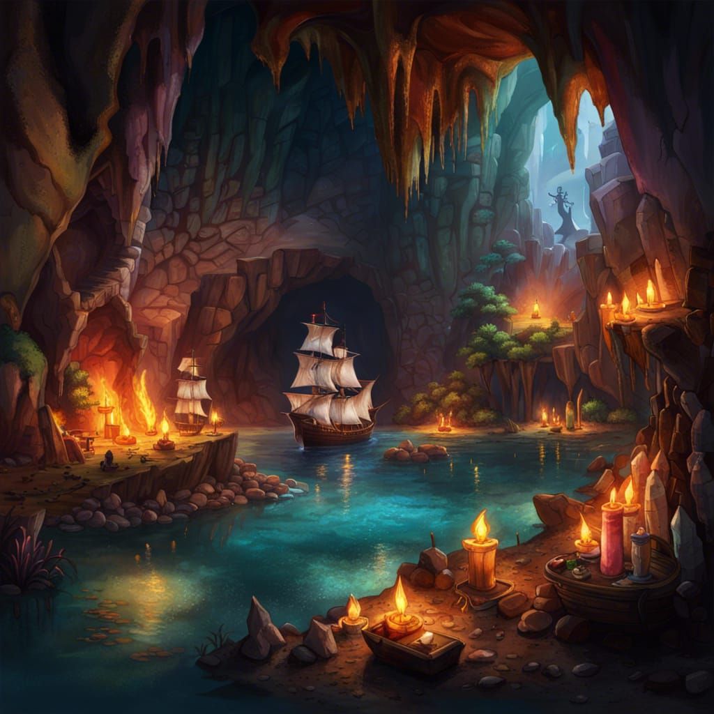 Pirate Treasure Cave with Ship: Hyperrealistic Concept Art