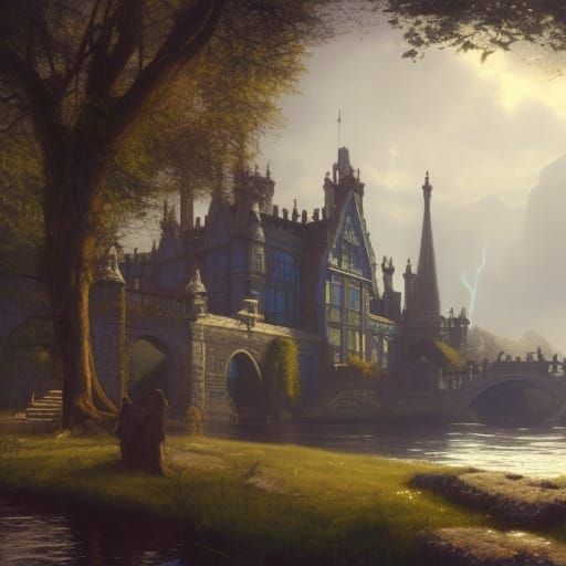 Victorian Lakeside Castle Under Bright Blue Sky