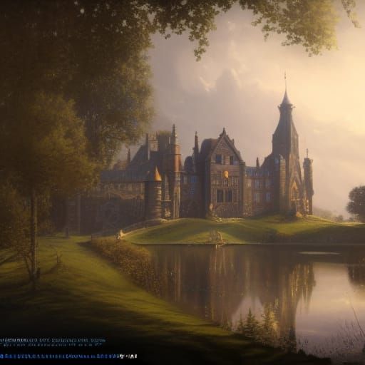 Victorian Lakeside Castle Under Bright Skies