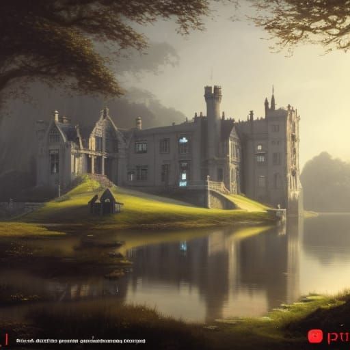 Victorian Lakeside Castle Under Bright Sky