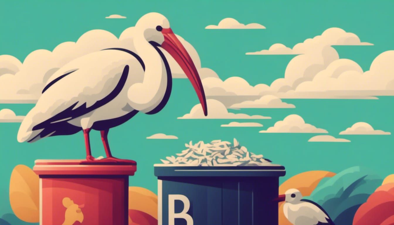 <lora:Stygo:1.3> cartoon logo. Anthropomorphized white ibis wearing a t-shirt perched on the edge trash bin. Ibis is wea...
