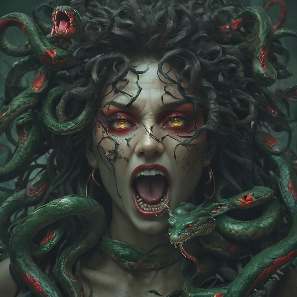 Dark Fantasy Medusa with Red and Green Snakes